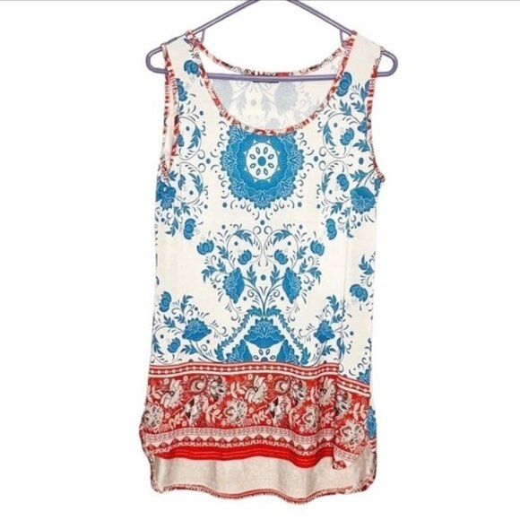 Lily Tops - Lily by Firmiana Red White Blue Patterned Sleeveless Tunic‎ Women's size Small